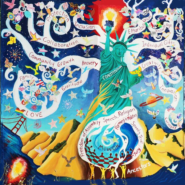 "The Singing Tree of Celebrating 250 Years of Democracy" made by an intergenerational, inter-religious, inter-racial and inter-political team in Marin County, California.