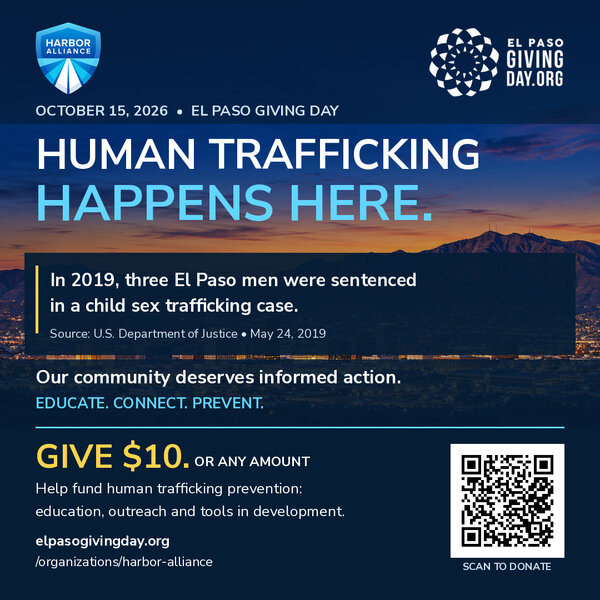 El Paso, this is our hometown. We can do better.  Human trafficking happens here. In 2019, three El Paso men were sentenced in a child sex trafficking case. A separate 2024 county lawsuit cited 693 police calls for service over two years at the Gateway Hotel, which faced a court-ordered closure that September. Those calls covered multiple issues; they were not 693 trafficking reports.  Harbor Alliance aims to bring education, reporting resources and technology together so our community can recognize potential warning signs, connect concerns with help and strengthen prevention. We are developing tools to organize concerns and support informed human review.  Your El Paso Giving Day donation can help fund education, community outreach and the development of practical reporting and prevention tools. Give $10 or any amount on October 15, 2026.  Educate. Connect. Prevent.  Donate: https://elpasogivingday.org/organizations/harbor-alliance  Sources: U.S. Department of Justice, May 24, 2019: https://www.justice.gov/usao-wdtx/pr/three-el-paso-men-sentenced-federal-prison-sex-trafficking-scheme El Paso County Attorney petition, August 27, 2024, page 2: https://kfoxtv.com/resources/pdf/a44d8736-370a-4c8a-8279-562057698dff-1.TheGatewayHotelTIPIFINAL2024DCV3940.pdf KVIA, September 19, 2024, on the closure and different types of calls: https://kvia.com/news/top-stories/2024/09/19/the-ball-was-not-dropped-city-leaders-weigh-in-on-the-aftermath-of-the-gateway-hotel-closure/  #ElPasoGivingDay #HarborAlliance #ElPaso #HumanTraffickingAwareness