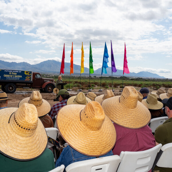 Garden hats for guests and garden shovels for groundbreaking welcomed the enthusiasts for our new botanic garden under a beautiful southwestern sky!