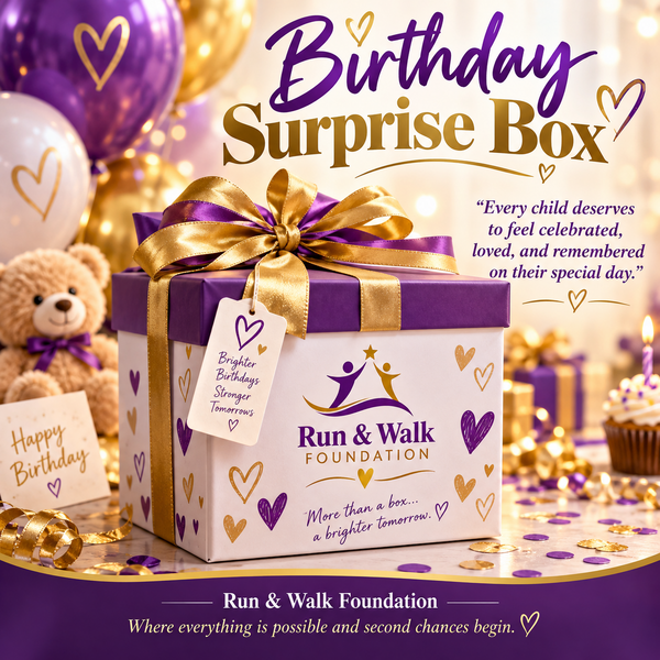 🎂🎁💜💛 EVERY CHILD DESERVES TO FEEL SPECIAL ON THEIR BIRTHDAY! 💜💛🎁🎂  At Run & Walk Foundation, we believe that every child deserves to feel loved, valued, celebrated, and remembered—regardless of the challenges their family may be facing.  We are proud to introduce our Birthday Surprise Box Program! 🎉  For children experiencing difficult circumstances, including families affected by domestic violence, birthdays can sometimes be overlooked because parents are focused on safety, healing, and rebuilding their lives.  💜 We want to help change that, one birthday at a time.  Through our Birthday Surprise Box Program, our goal is to bring smiles, hope, encouragement, and unforgettable moments of joy to children who need a little extra love.  ✨ Because every child matters.  ✨ Because every birthday deserves recognition.  ✨ Because even during difficult times, a child deserves a reason to smile.  🤝 WE NEED OUR COMMUNITY’S SUPPORT!  We invite local businesses, sponsors, organizations, and caring individuals to join us in making birthdays brighter for children facing hardship.  A small act of kindness can create a beautiful memory that lasts a lifetime.  💜 “A birthday surprise is more than a gift. It is a reminder to a child that they are seen, loved, and never forgotten.”  💜💛 Run & Walk Foundation  Where everything is possible and second chances begin.  🌐 www.runandwalkfoundation.com  #RunAndWalkFoundation #BirthdaySurpriseBox #EveryChildMatters #BrighterBirthdays #CommunitySupport #DomesticViolenceAwareness #ElPasoTexas #SecondChances #GivingBack #HopeForChildren #ElPasoGivingDay